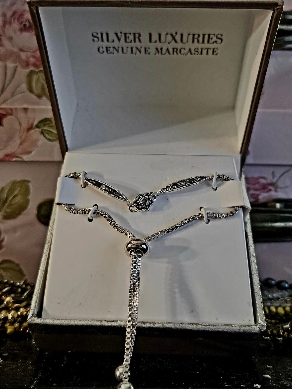 Silver Luxuries Genuine Marcasite Flower Adjustable Bolo Bracelet NIB